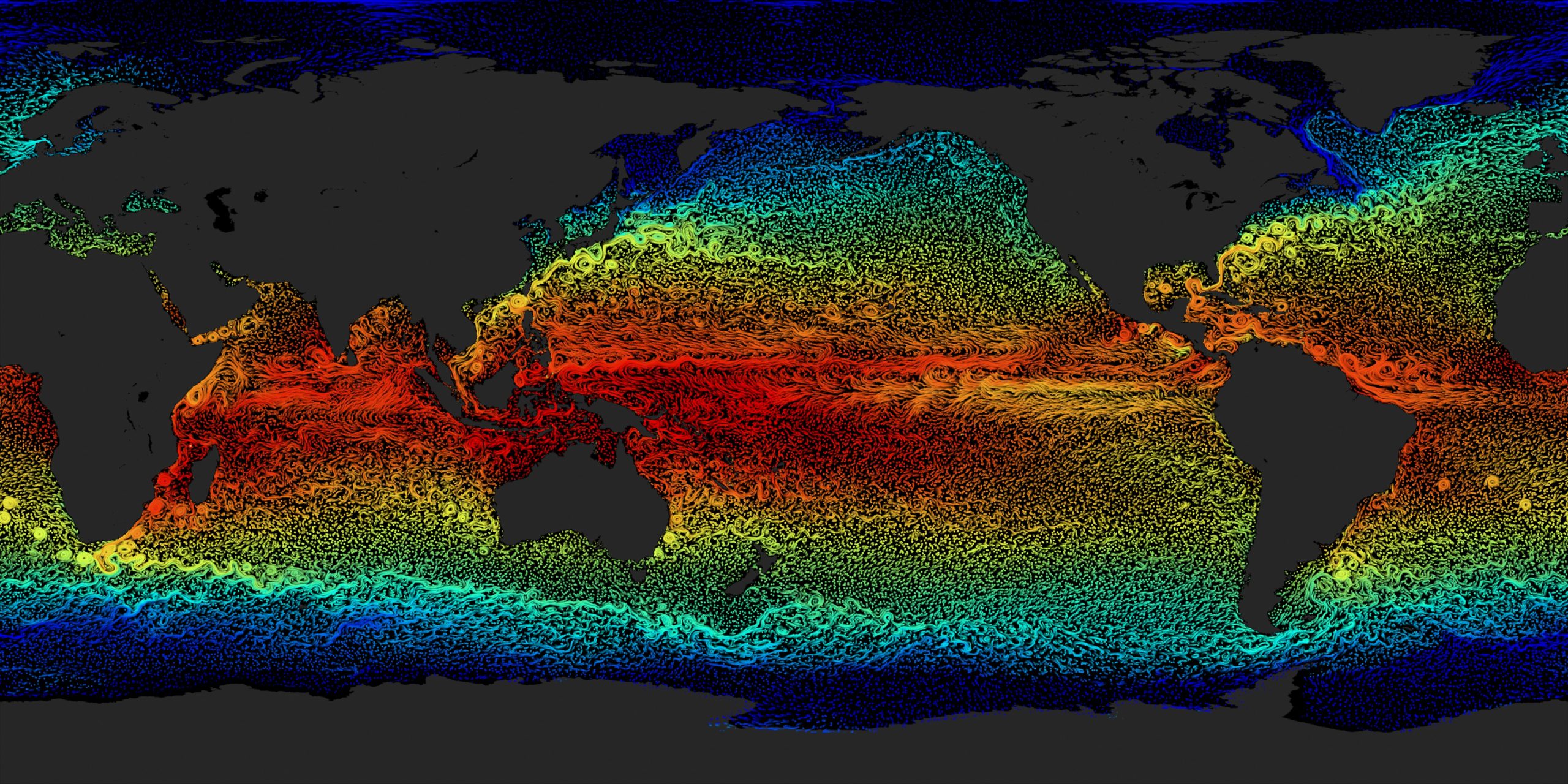 Kartendarstellung globaler Meeresströmungen und Meeresoberflächentemperaturen (nach NASA/SVS). Rot bedeutet warmes, blau kaltes Wasser.